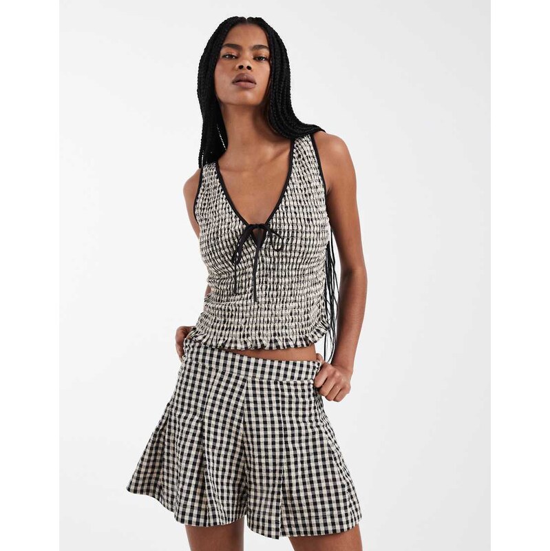ASOS DESIGN shirred tie front v neck vest top in gingham-Multi 114969224