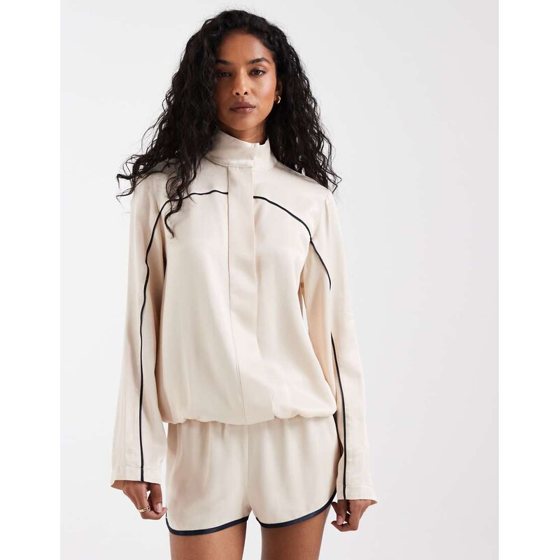 ASOS DESIGN satin funnel neck sporty stripe jacket in ecru-White