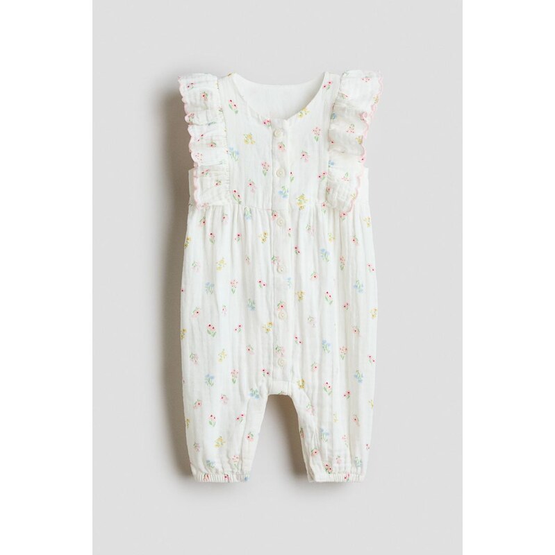 H&M - Mušelínový overals volánky - Bílá/Květiny