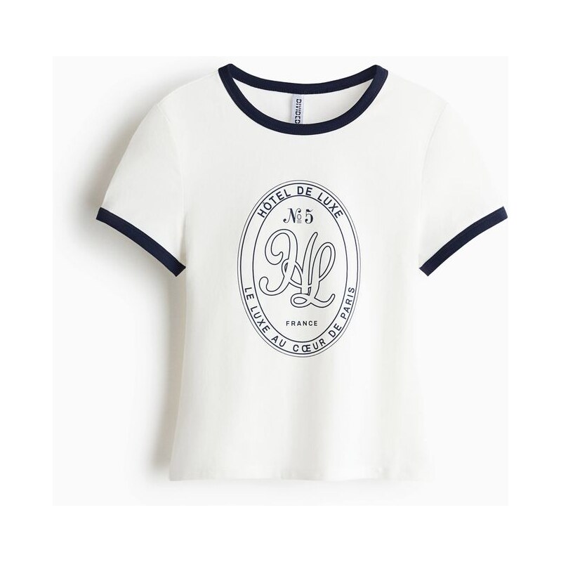 H&M - Přiléhavé bavlněné tričko - Krémová/Hl