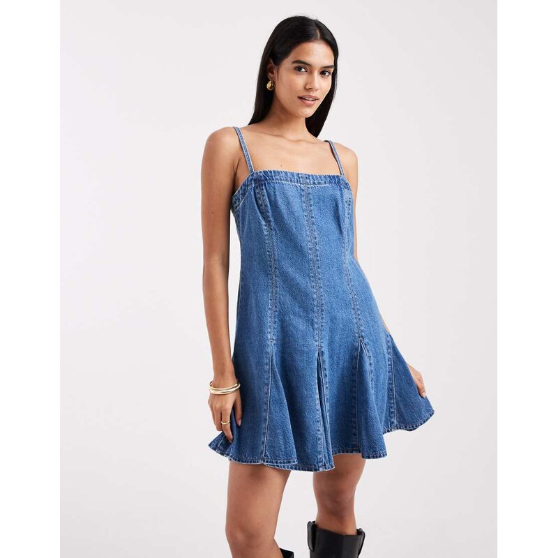 Levi's denim pleated mini dress in mid blue