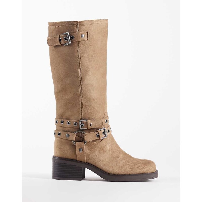 ASOS DESIGN Cassandra eyelet biker boot in sand-Neutral