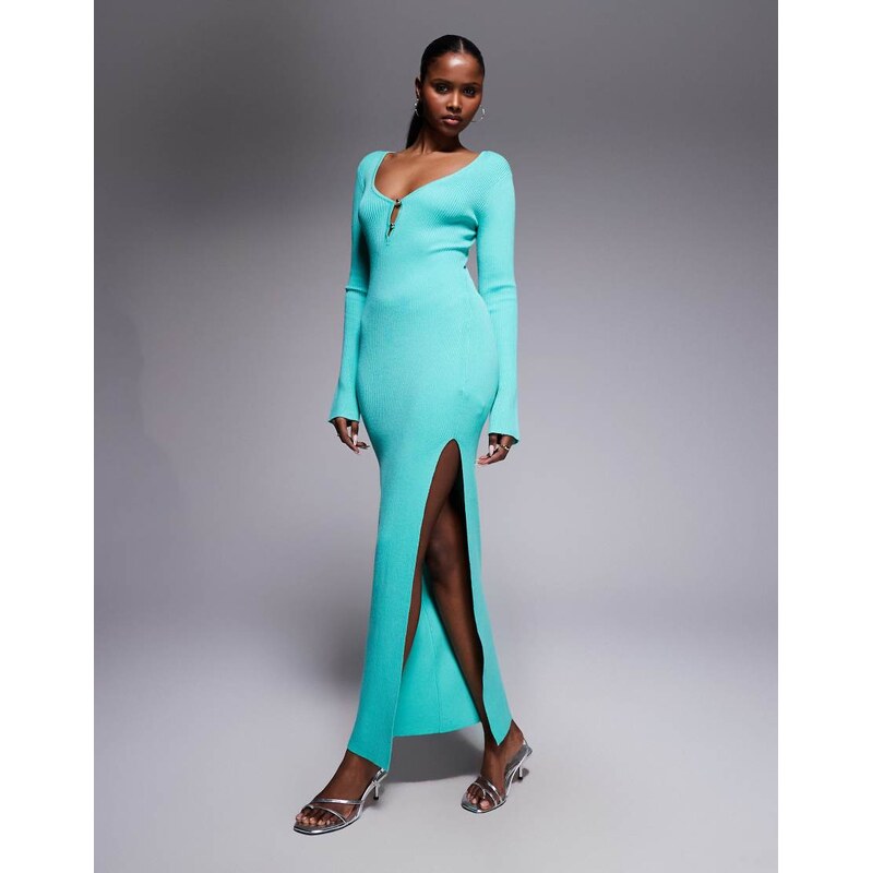 Kaiia exclusive ribbed knit plunge v neck flared sleeve thigh
