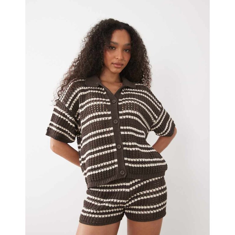 ASOS DESIGN crochet knit shirt co-ord in brown stripe-Multi