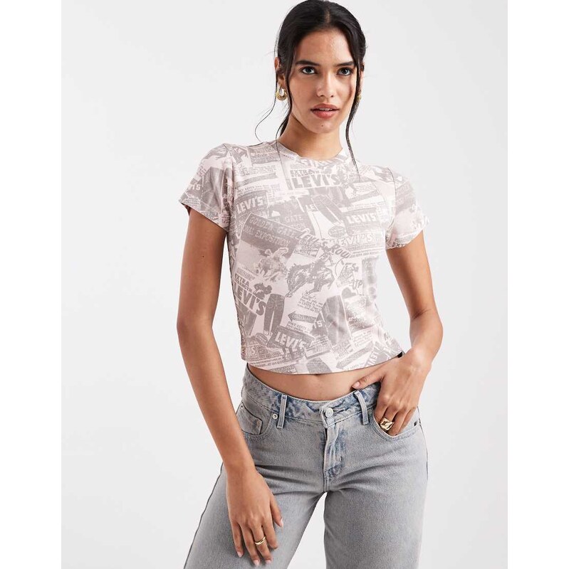 Levis newspaper graphic baby tee in grey