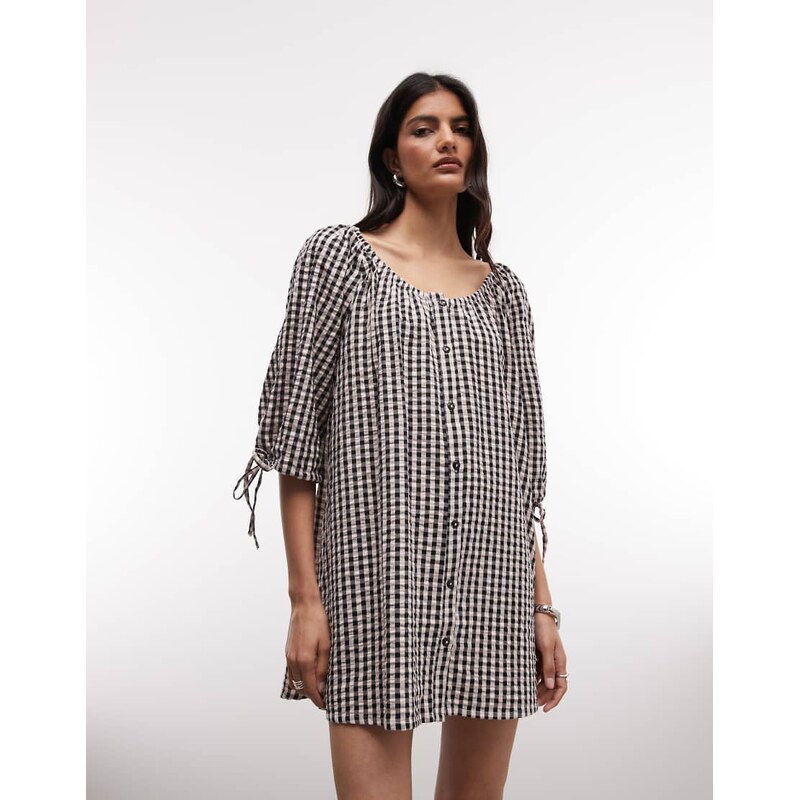COLLUSION smock long sleeve mini dress in beige and black gingham 114811643