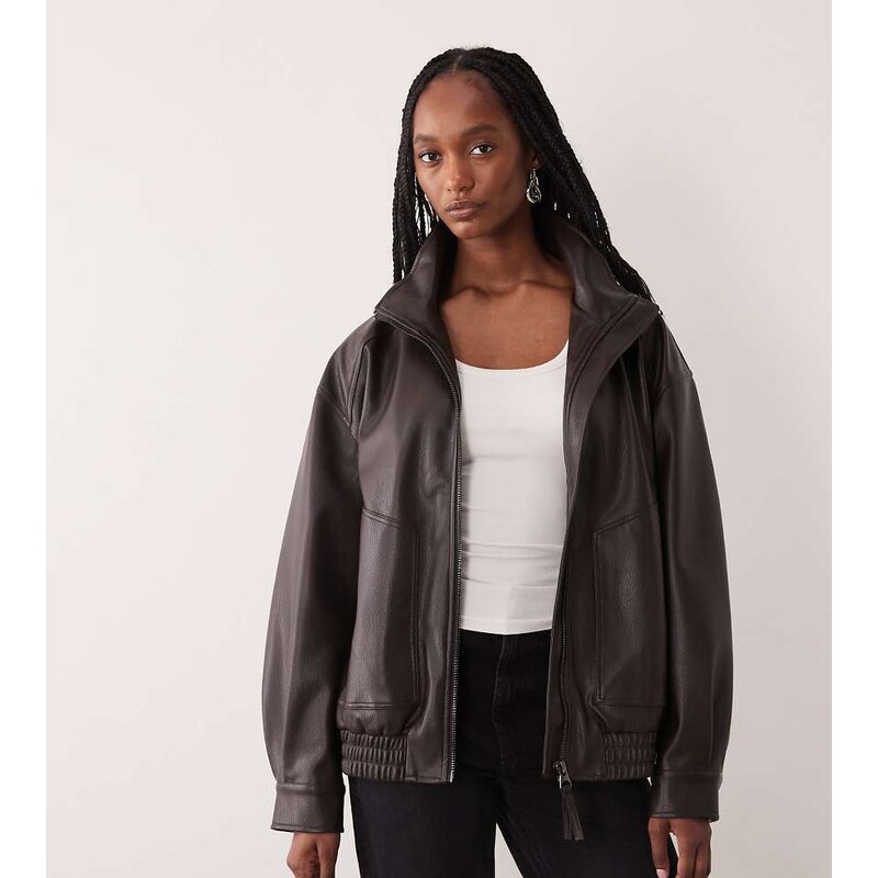 ASOS Tall ASOS DESIGN Tall oversized leather look funnel bomber jacket 114811676
