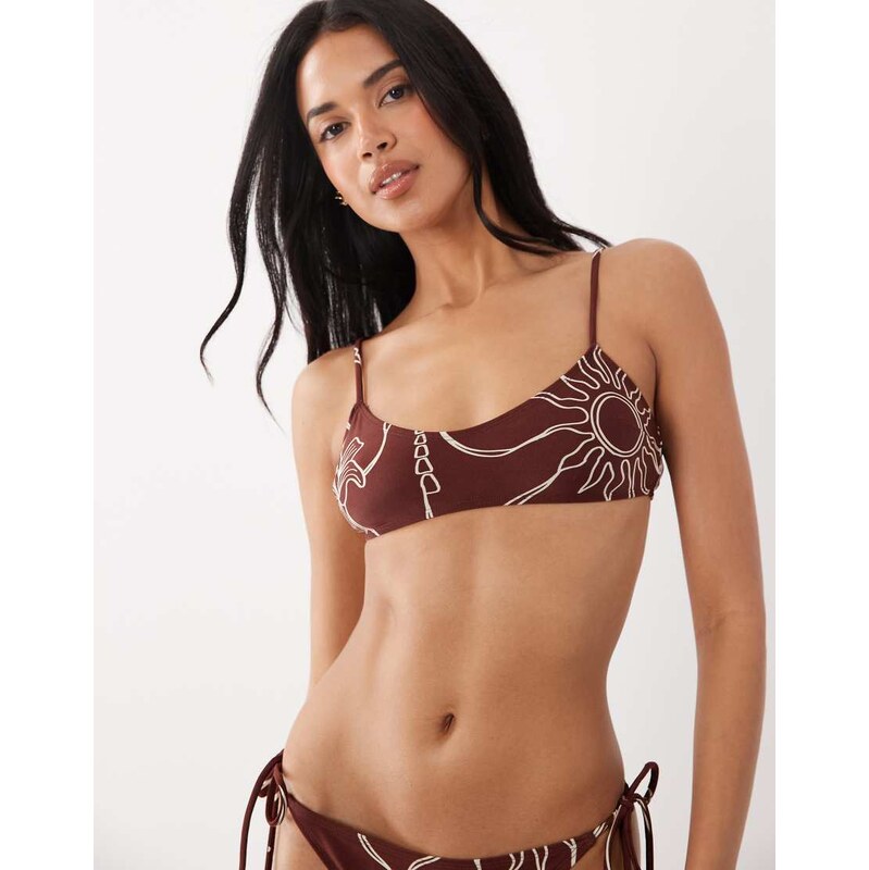 ASOS DESIGN Logan Cadiz scoop bikini top in chocolate palm print-Brown 115519673