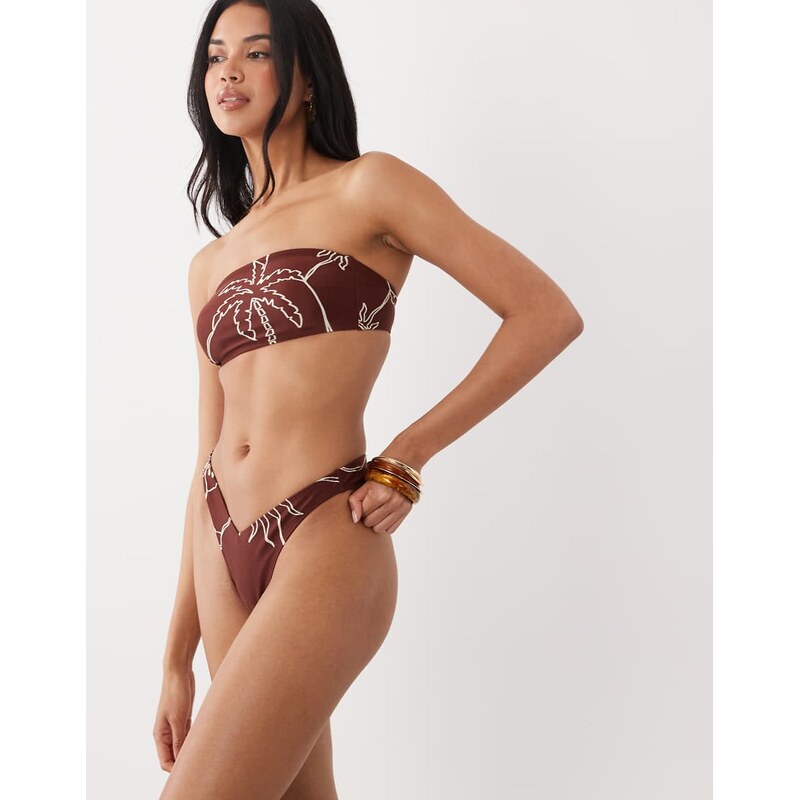 ASOS DESIGN Logan v front cheeky bikini bottom in chocolate palm print 115519676