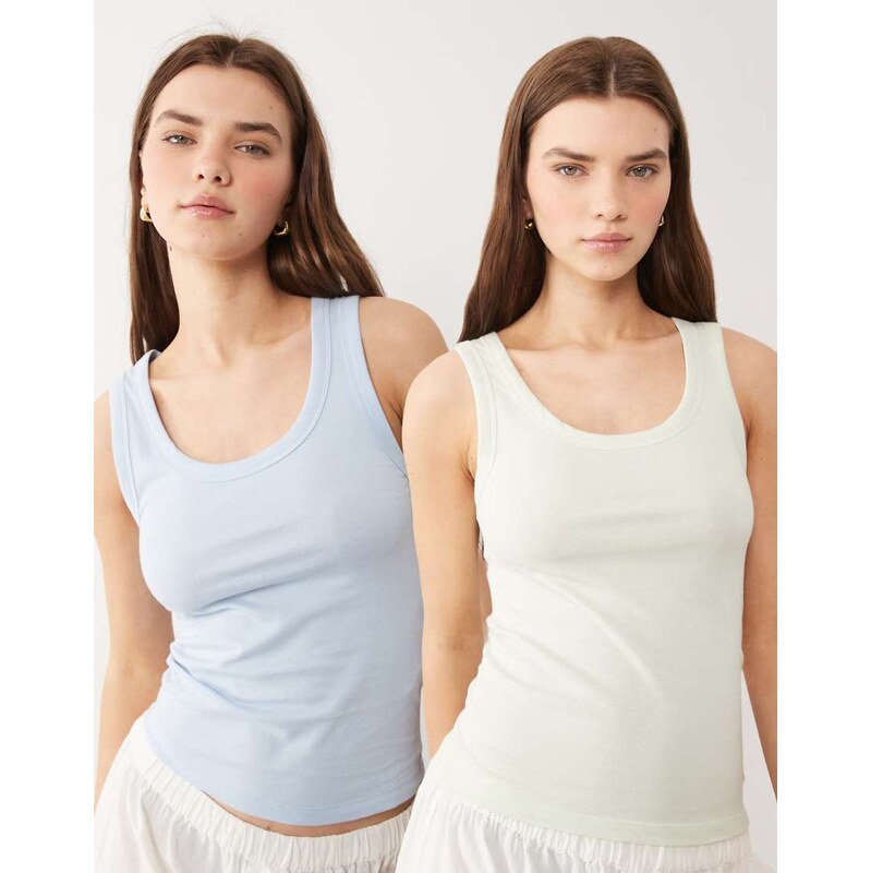 ASOS DESIGN 2 pack pyjama vest in blue & sage-Multi 114811683