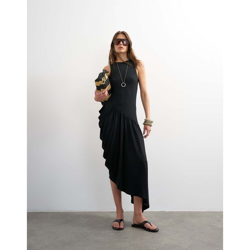 Topshop viscose drape bubble hem racer maxi dress in black