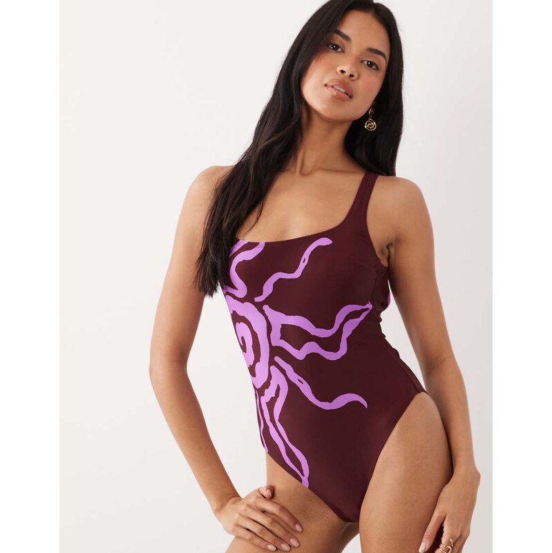 ASOS DESIGN Celestie square neck low back swimsuit with pink sun motif 114811694