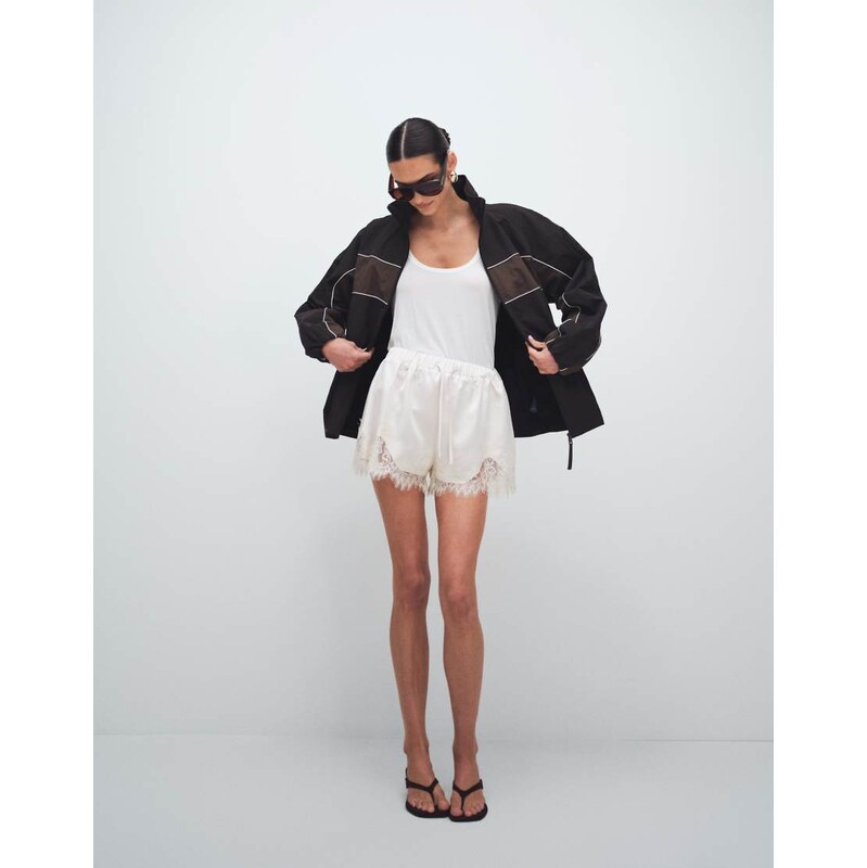 Noughts & Kisses lace trim tie waist satin shorts in cream-Neutral 114811696