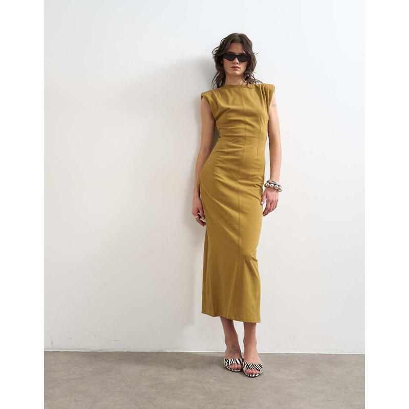 Topshop shoulder pad sleeveless maxi dress in olive-Green