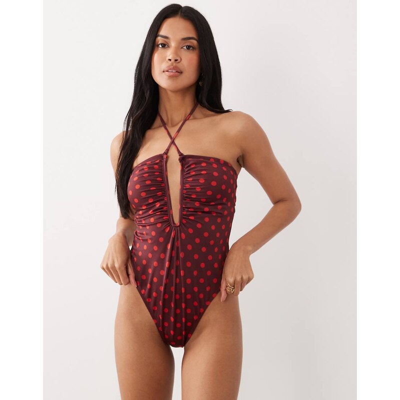 ASOS DESIGN Cherry spot extreme U-wire bandeau swimsuit-Multi 114811723