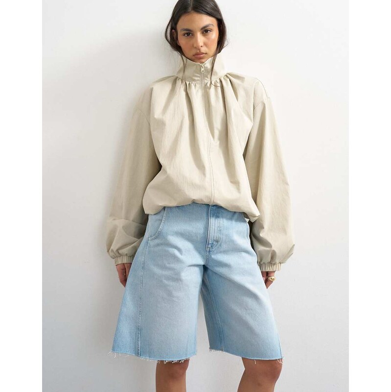 Topshop pleated funnel neck anorak in stone-Neutral