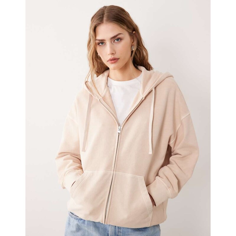 ARKET zip through heavyweight hoodie in light beige-Neutral