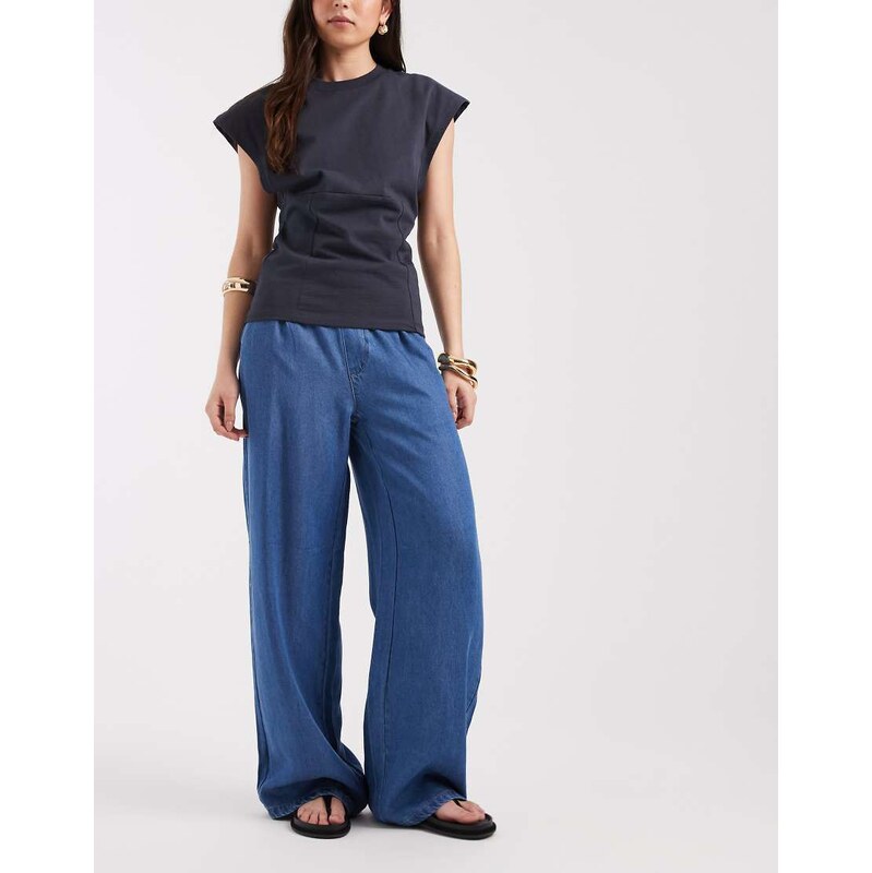 Object wide leg chambray trouser in medium blue denim