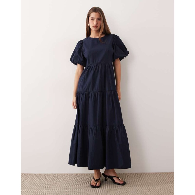 YAS volume sleeve tiered cotton maxi dress in navy