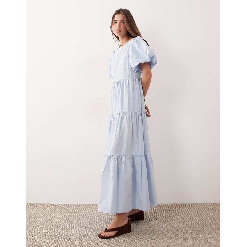 YAS volume sleeve tiered cotton maxi dress in pastel blue