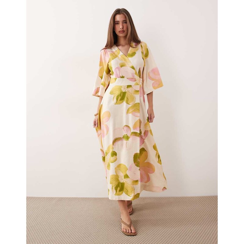 YAS frill sleeve wrap maxi dress in pastel floral print-Multi