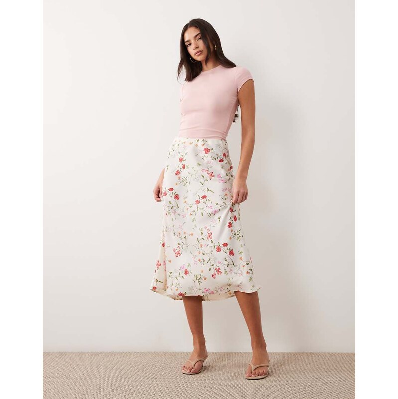 YAS satin midi skirt in white garden floral print 115521985
