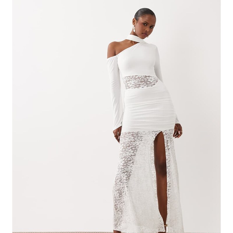 Kaiia exclusive slinky lace detailed asymmetrical maxi dress in