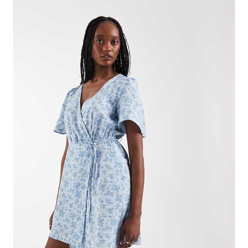 Vero Moda Tall flutter sleeve wrap front mini dress in blue