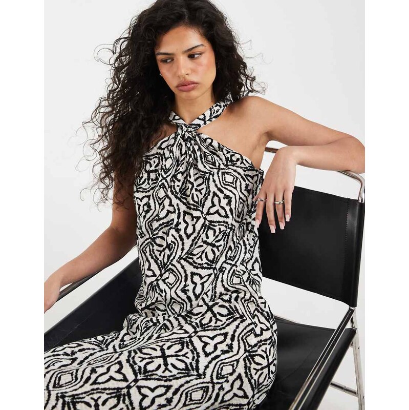 Vero Moda knot detail halter neck maxi dress in black tile print