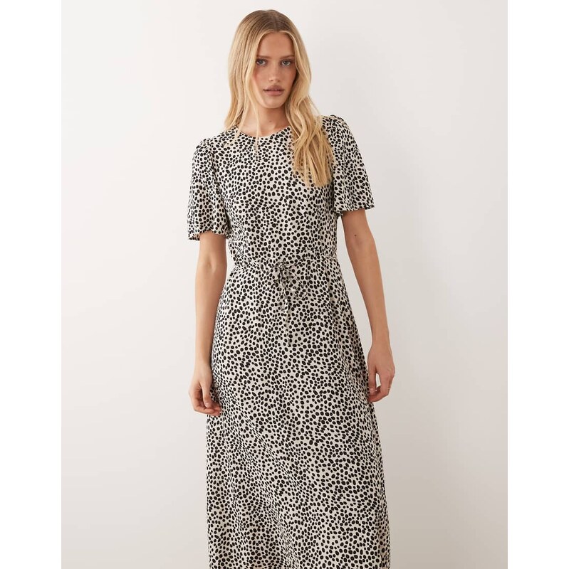 Vila tie waist polka dot midi dress in cream and black