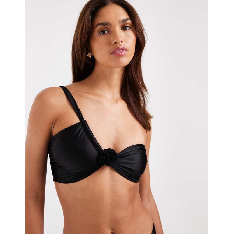 Vero Moda one shoulder bandeau bikini top with floral corsage detail 114811807