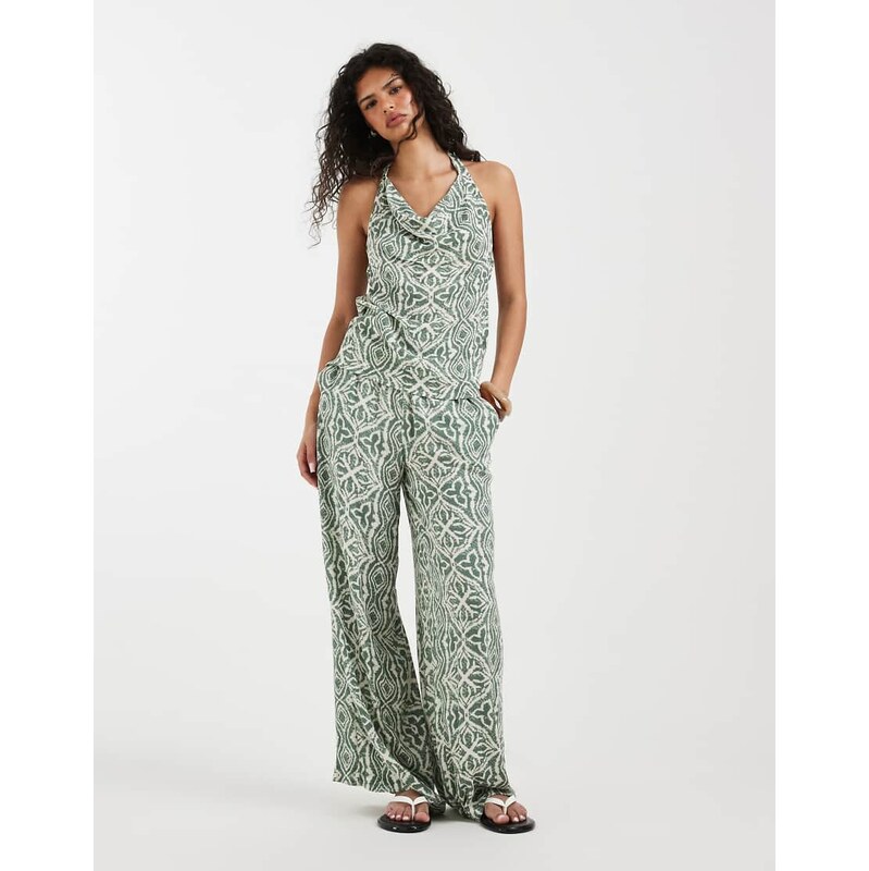 Vero Moda cowl halter neck detail top co-ord in green tile print