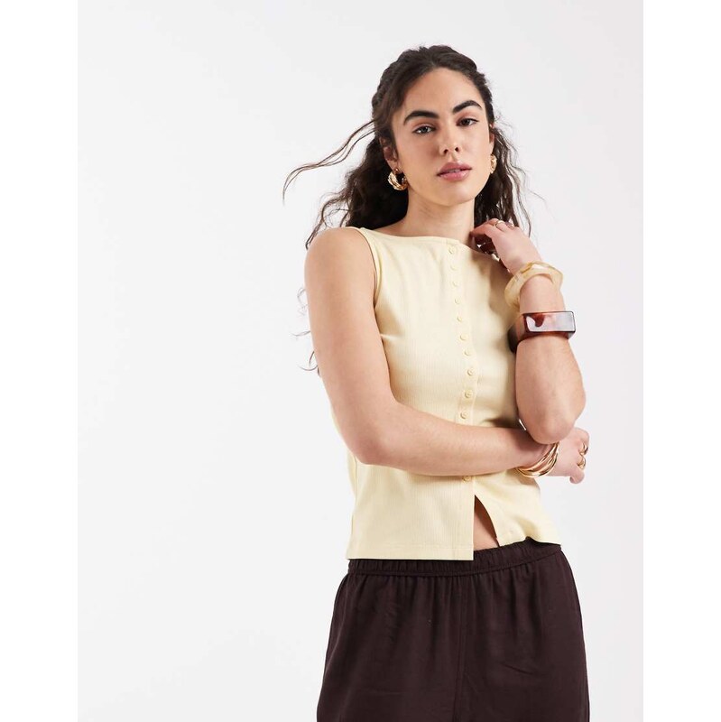 New Look boat neck button through tank top in yellow
