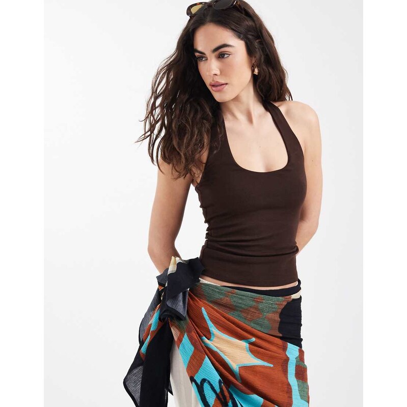 New Look halter neck vest in dark brown 114811814