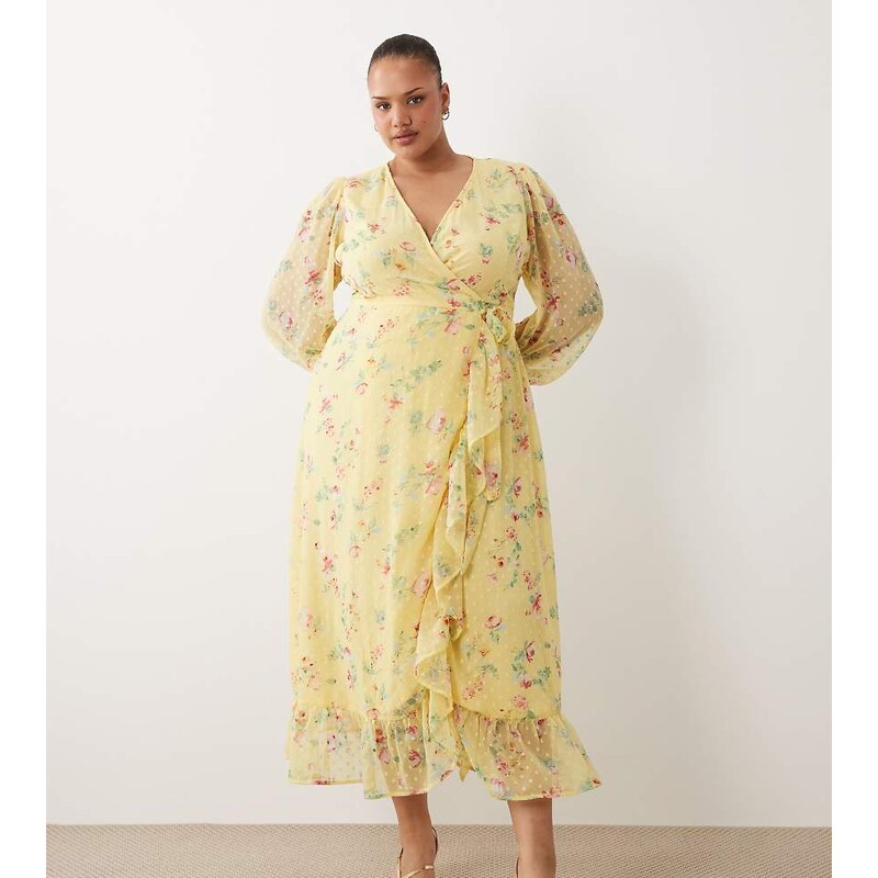 Vila Curve dobby wrap maxi dress with frill detail in pastel