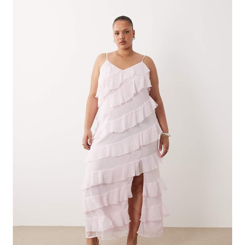 Vila Curve ruffle cami maxi dress with leg split in light pink