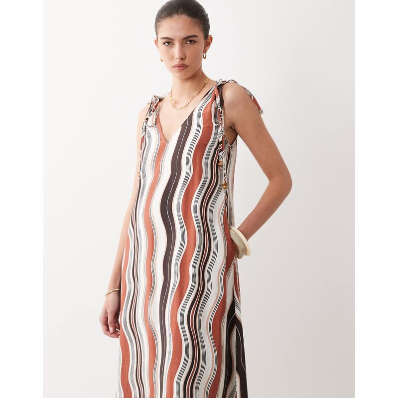 New Look wave beaded smock midi dress in brown