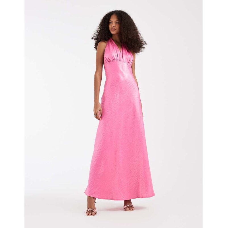 Pieces halterneck satin shimmer maxi dress in pink