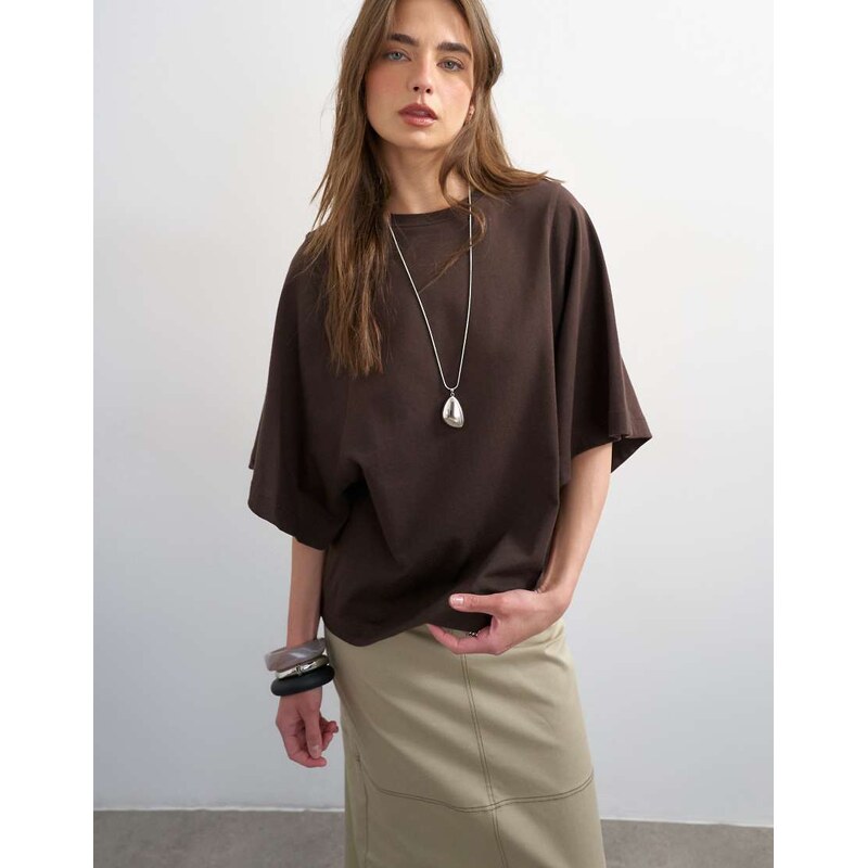 Topshop batwing t-shirt in dark chocolate-White