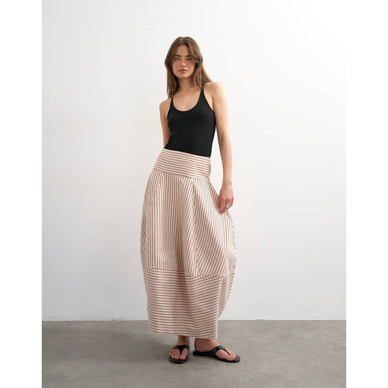 Topshop denim barrel seamed maxi skirt in red and ecru stripe