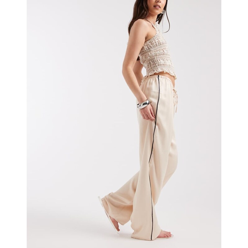 ASOS DESIGN satin side stripe wide leg trouser in ecru-White