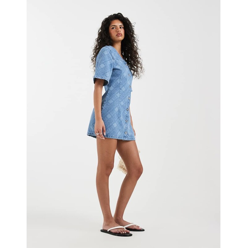 ASOS DESIGN denim v neck short sleeve dress in laser check print
