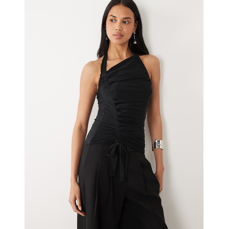 ASOS DESIGN slinky ruched halter top in black-Grey
