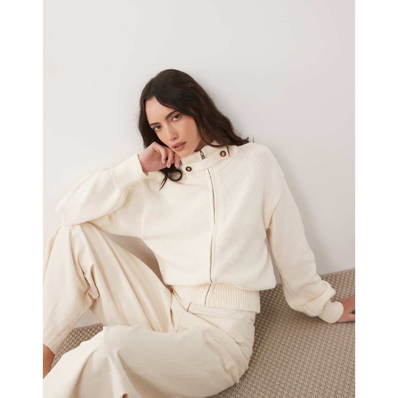 ASOS DESIGN knitted funnel neck zip up cardigan in ecru-White