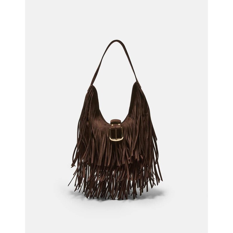 Stradivarius Shoulder bag with fringe & buckle in brown 114811909