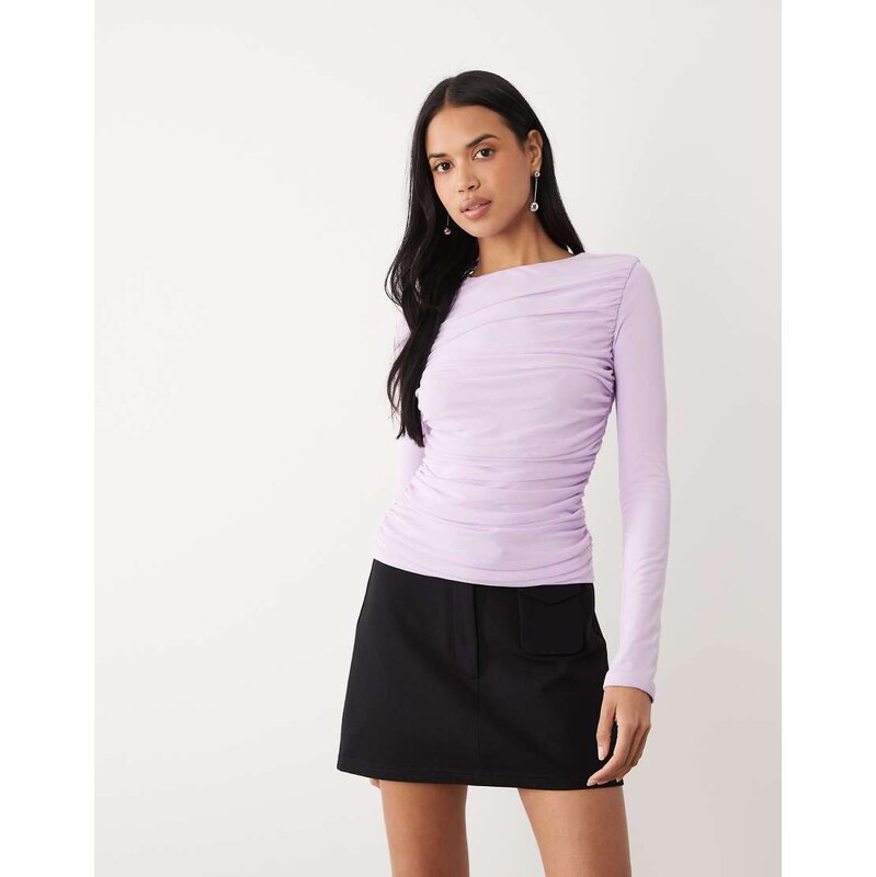 ASOS DESIGN mesh ruched long sleeve top in lilac-Purple