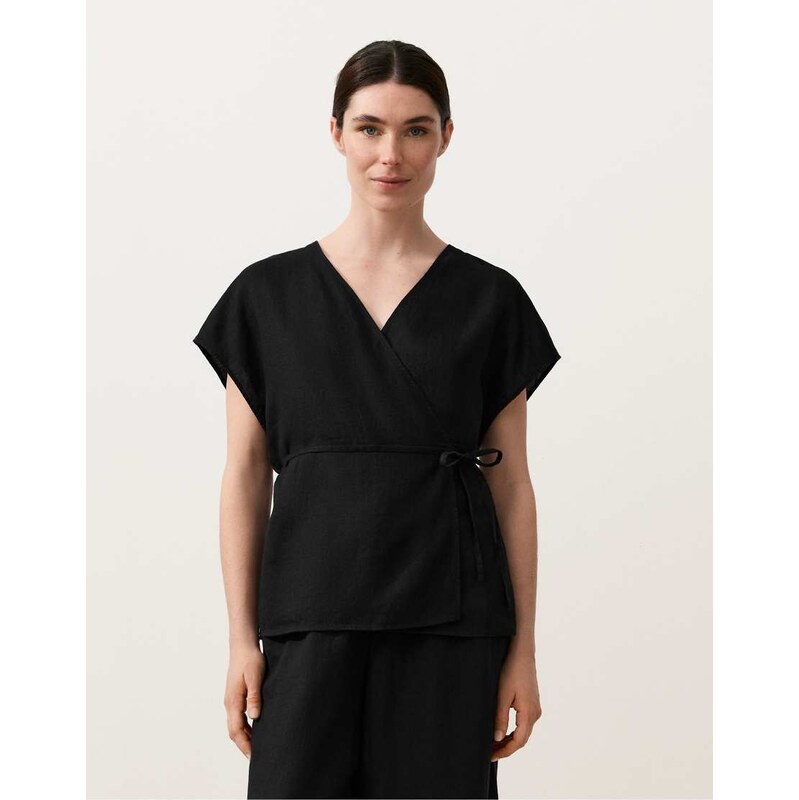 OYSHO 100% linen wrap tie shirt in black