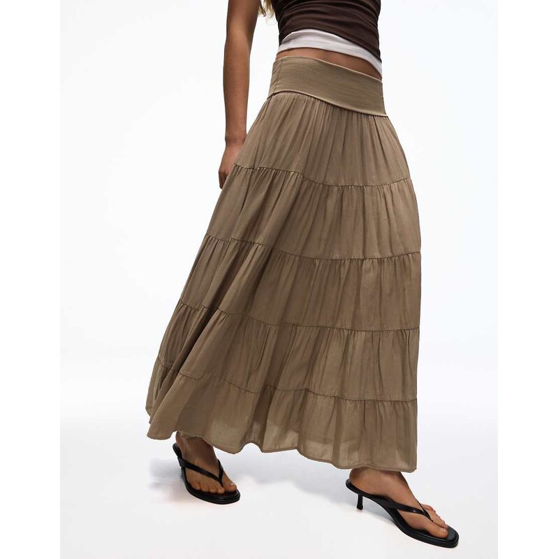 Bershka Fold-over waist midi skirt in khaki-Green
