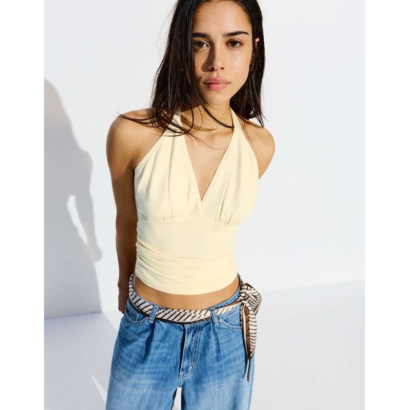 Bershka Ruched halter top in beige-White