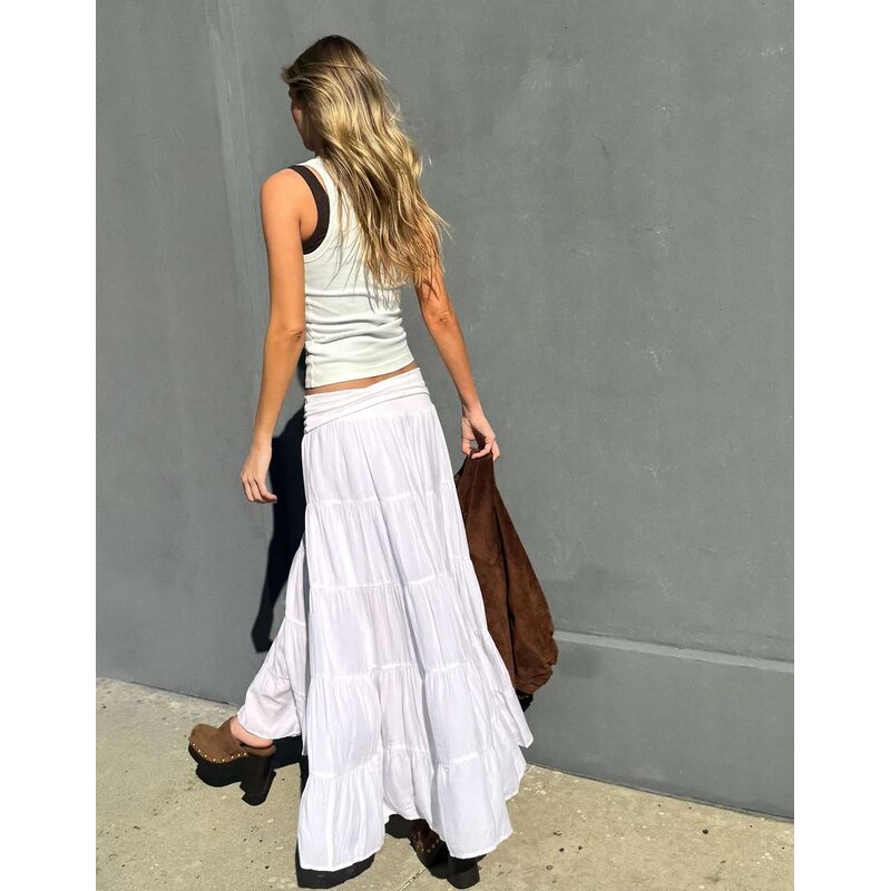 Bershka Fold-over waist midi skirt in white